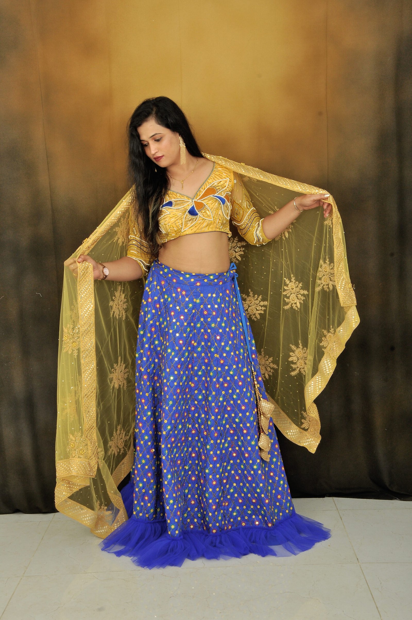 Buy Georgette Embroidered Navy Blue Lehenga with Yellow Dupatta