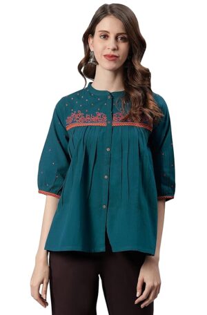 Teal Cotton Flex Embroidered Regular Top