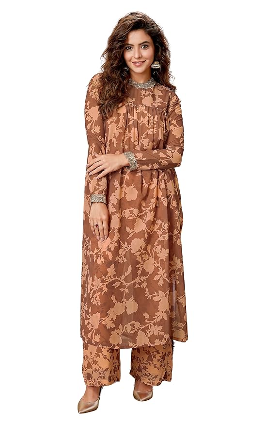 Brown Georgette Floral Printed Empire Kurta With Palazzo Set