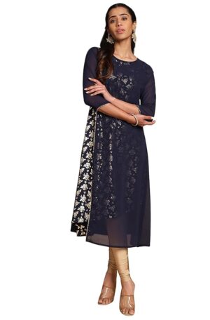 Navy Blue American Crepe Foil A-Line Kurta