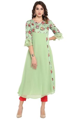 Light Green Poly Crepe Floral Print A-line Kurta