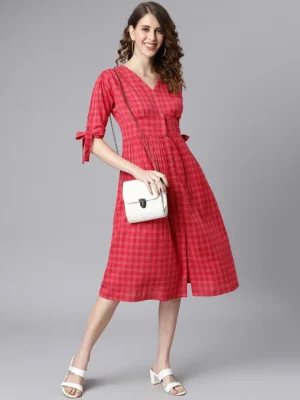 Red Cotton Checkered Flared Western Dress