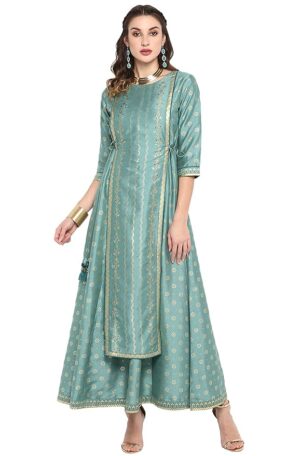 Green Rayon Crepe Foil Print Flared Ethnic Dress
