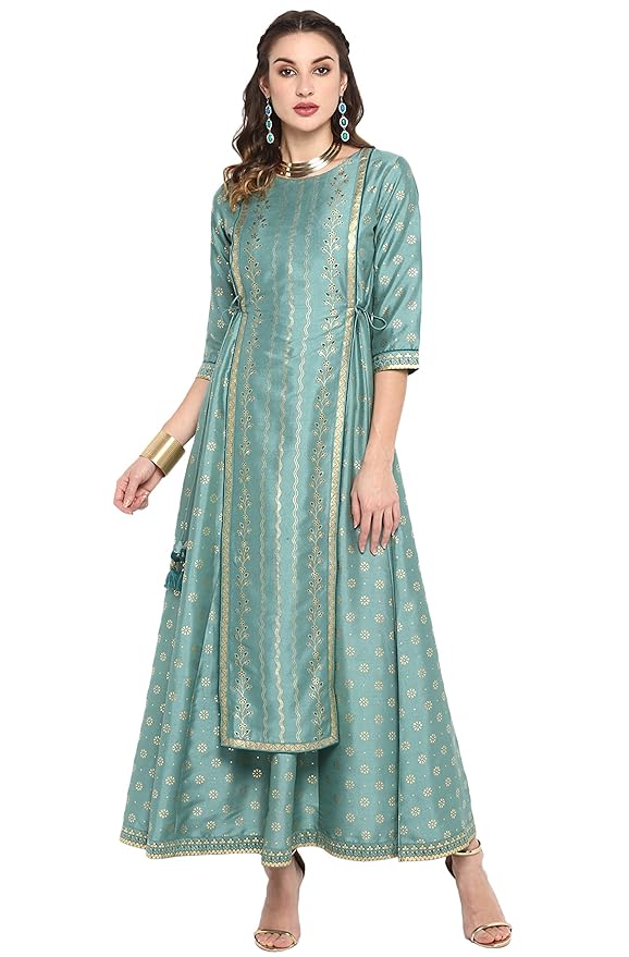 Green Rayon Crepe Foil Print Flared Ethnic Dress