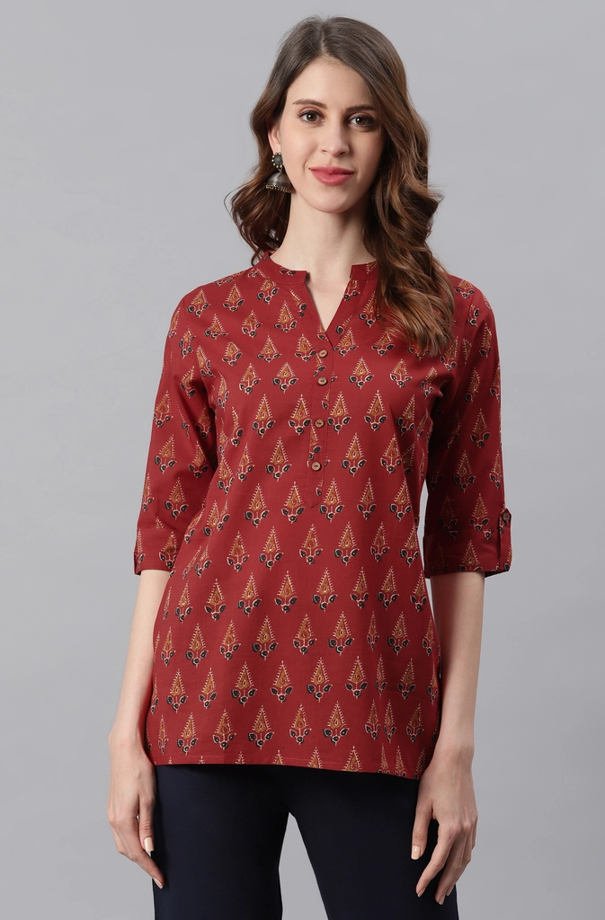 Red Cotton Ethnic Motifs Straight Tunic
