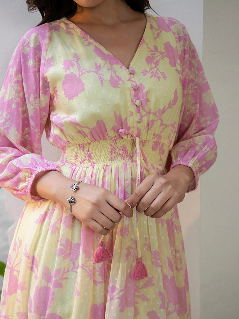 Light Yellow Dobby Georgette Floral Fit & Flare Dress - Image 2