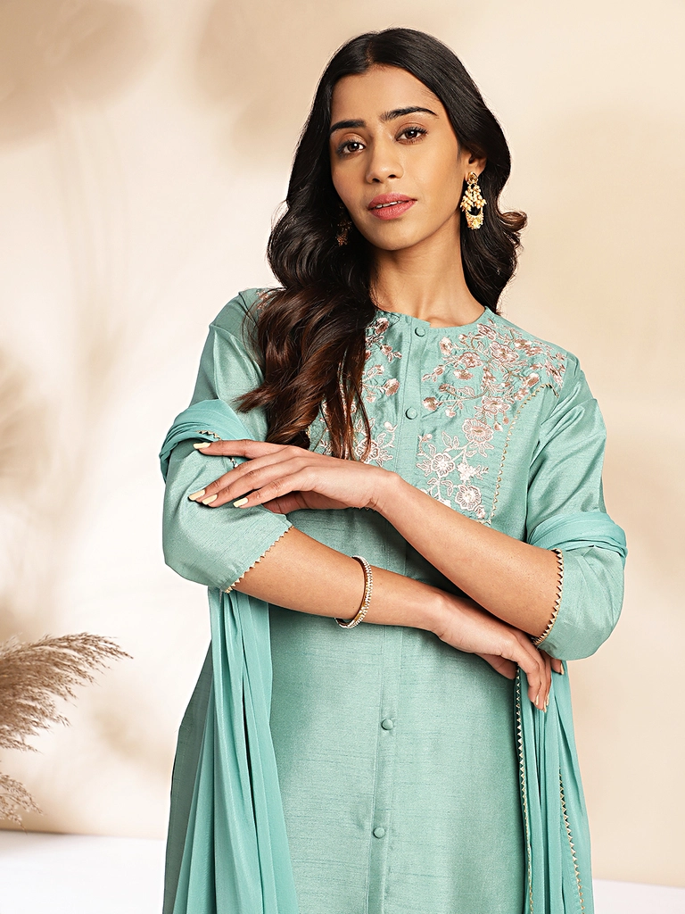 Sage Green Crepe Silk Yoke Embroidery Straight Kurta Set - Image 2