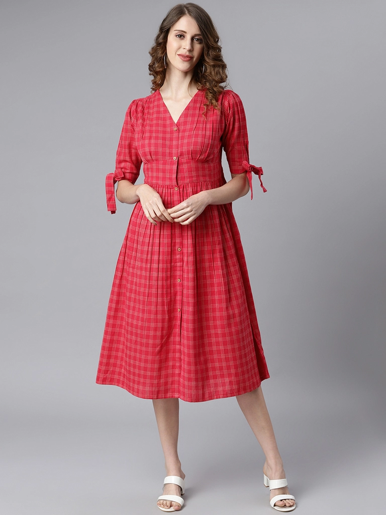 Red Cotton Checkered Flared Western Dress - Image 2