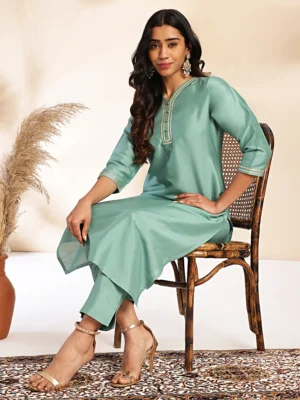 Sage Green Crepe Silk Yoke Design Regular Kurta Set