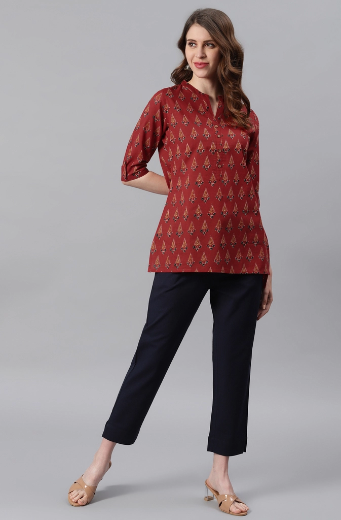 Red Cotton Ethnic Motifs Straight Tunic - Image 2
