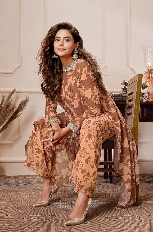 Brown Georgette Floral Printed Empire Kurta With Palazzo Set - Image 4