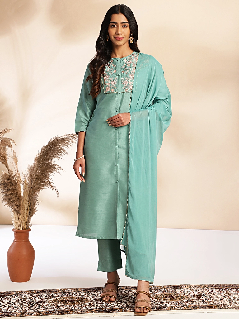Sage Green Crepe Silk Yoke Embroidery Straight Kurta Set - Image 3