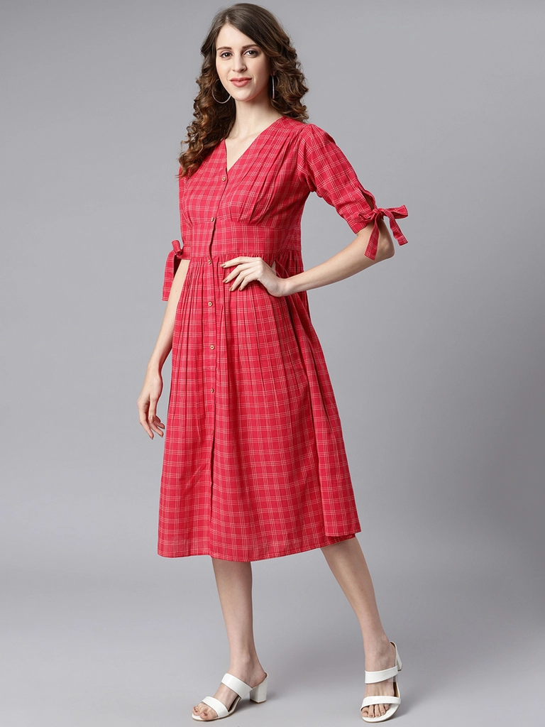 Red Cotton Checkered Flared Western Dress - Image 6