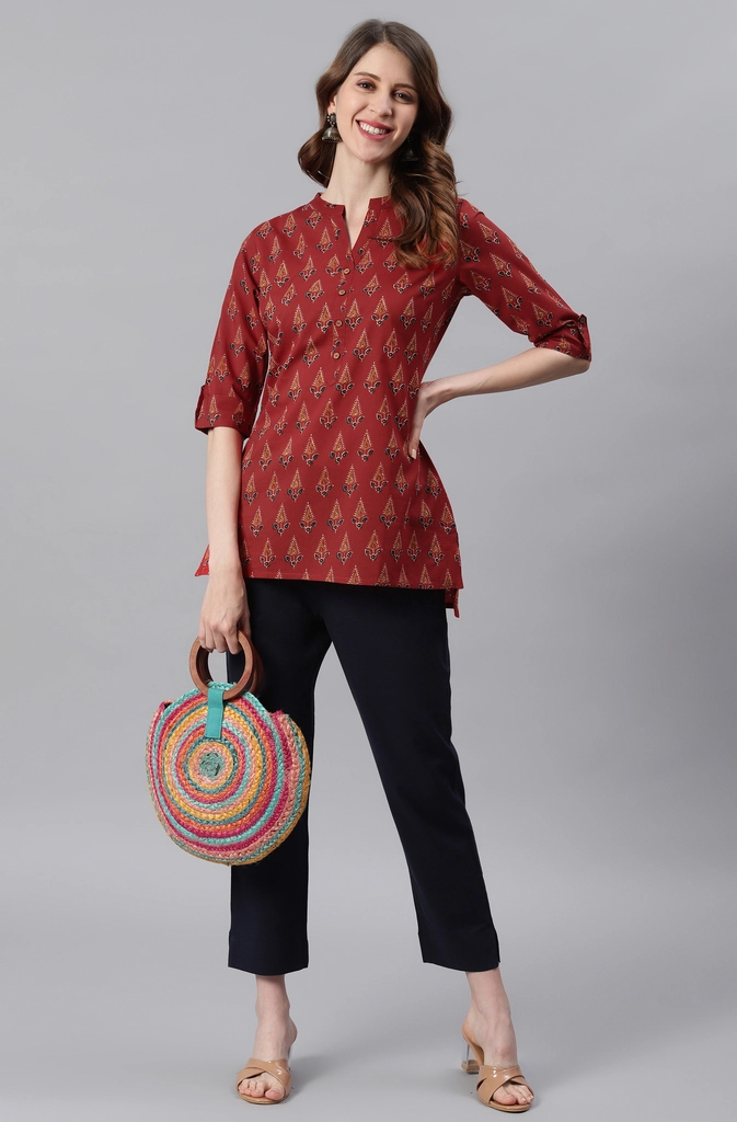 Red Cotton Ethnic Motifs Straight Tunic - Image 3