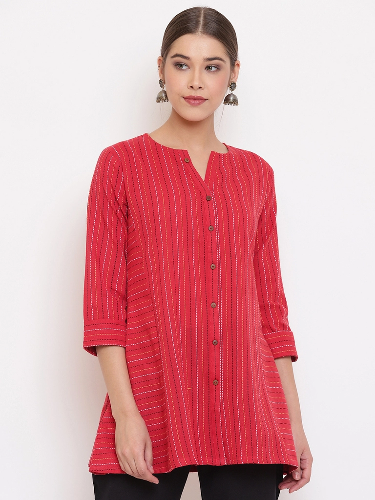 Red Weaved Cotton A-Line Top