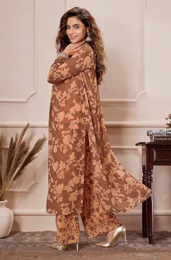 Brown Georgette Floral Printed Empire Kurta With Palazzo Set - Image 3