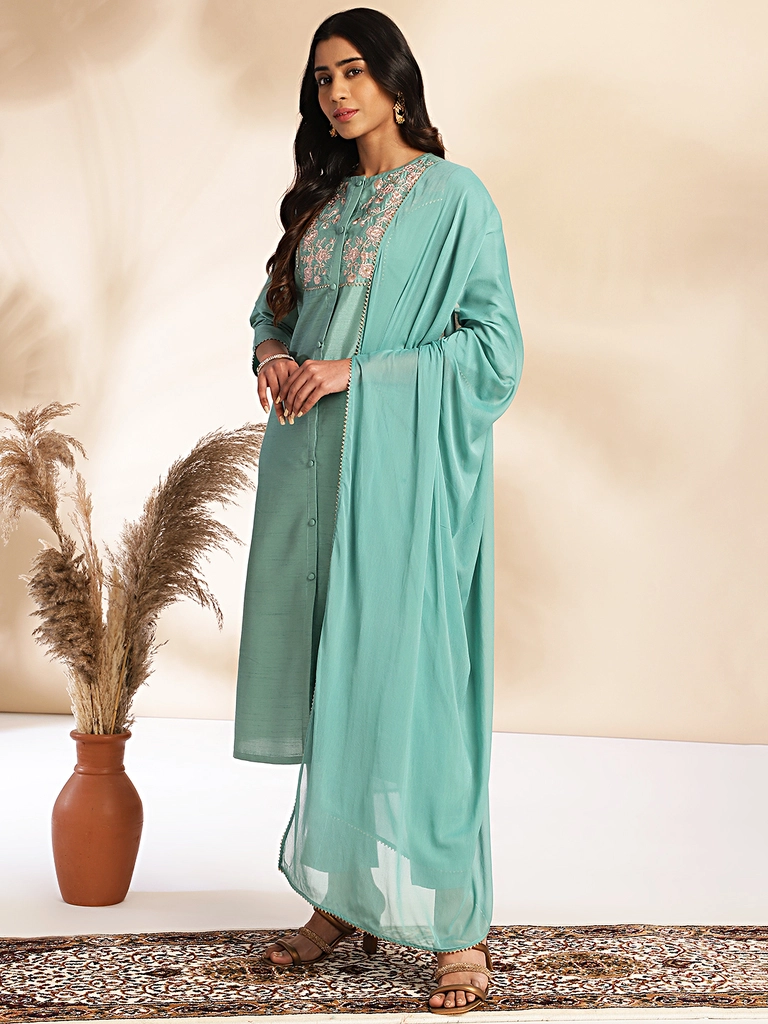 Sage Green Crepe Silk Yoke Embroidery Straight Kurta Set - Image 4