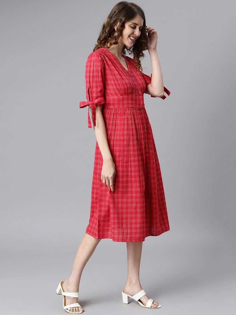 Red Cotton Checkered Flared Western Dress - Image 5