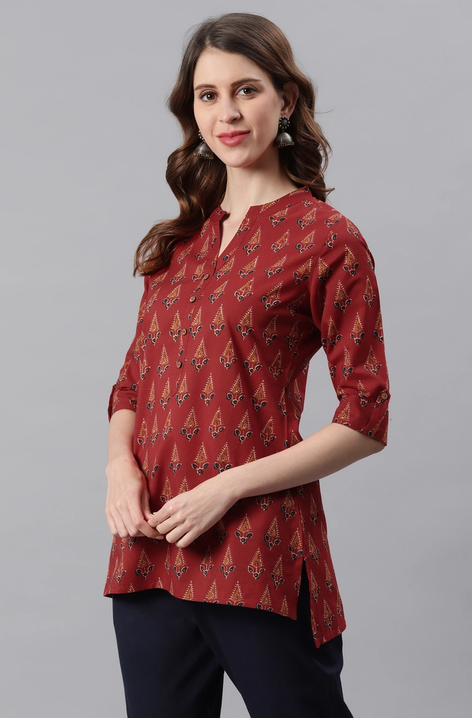Red Cotton Ethnic Motifs Straight Tunic - Image 4