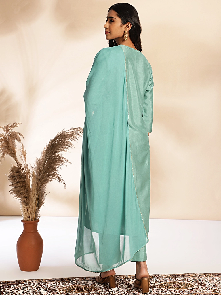 Sage Green Crepe Silk Yoke Embroidery Straight Kurta Set - Image 5