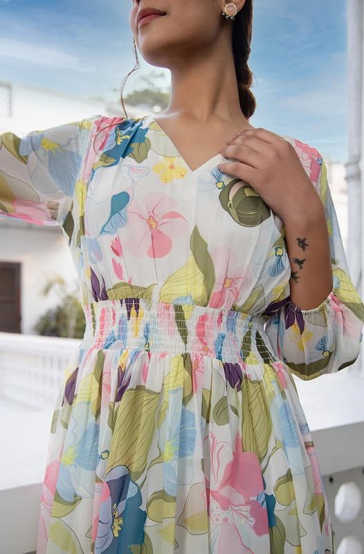 Multicolour Georgette Floral Fit & Flare Dress - Image 3