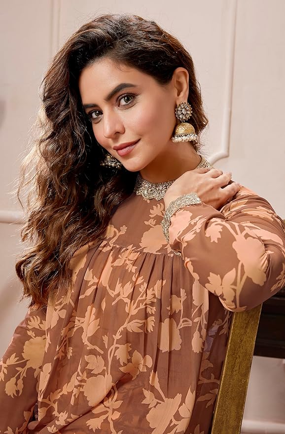 Brown Georgette Floral Printed Empire Kurta With Palazzo Set - Image 2