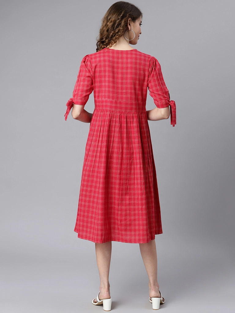 Red Cotton Checkered Flared Western Dress - Image 4