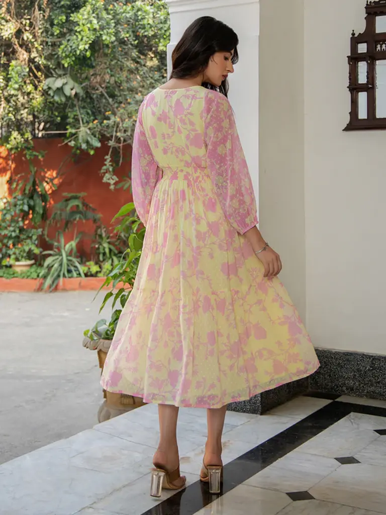 Light Yellow Dobby Georgette Floral Fit & Flare Dress - Image 3