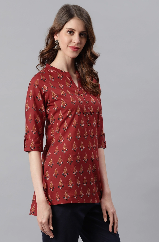 Red Cotton Ethnic Motifs Straight Tunic - Image 5