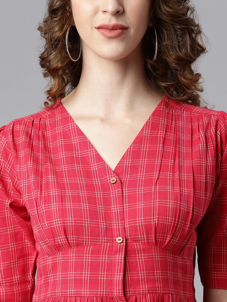 Red Cotton Checkered Flared Western Dress - Image 3