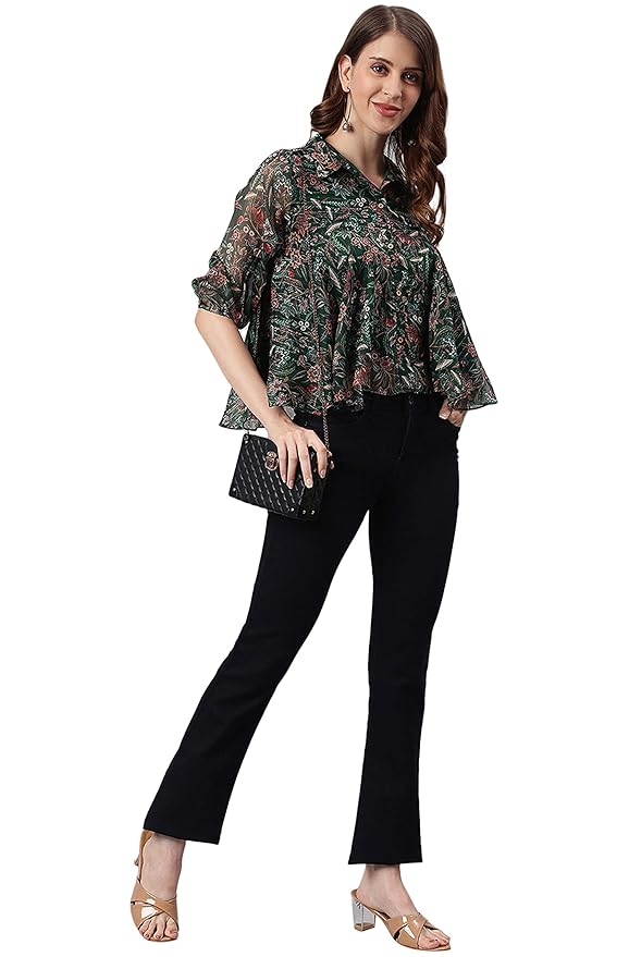 Green Poly Georgette Floral Print Regular Top - Image 5