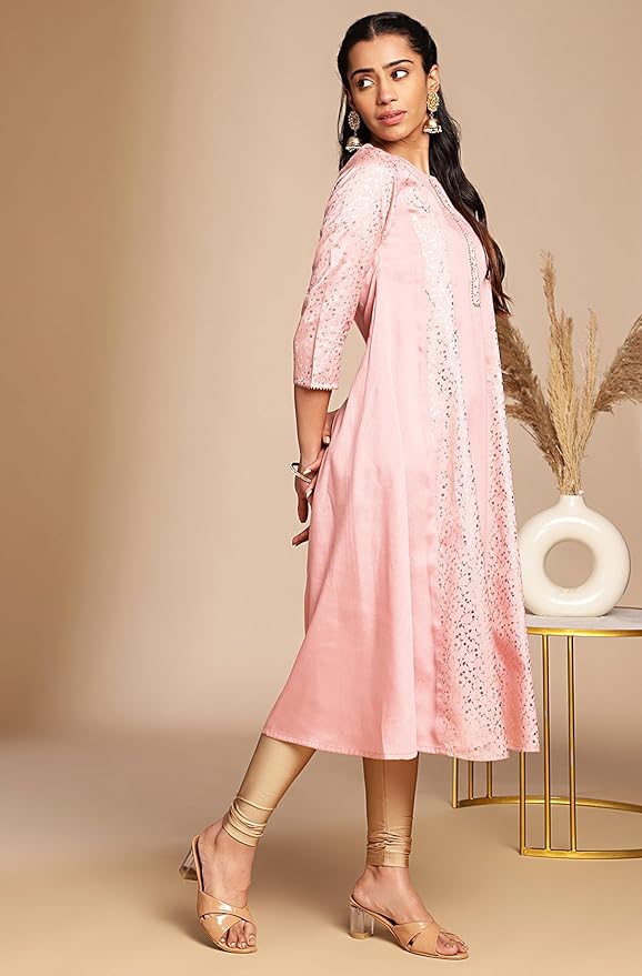 Pink Crepe Silk Foil Print Panelled Kurta - Image 3
