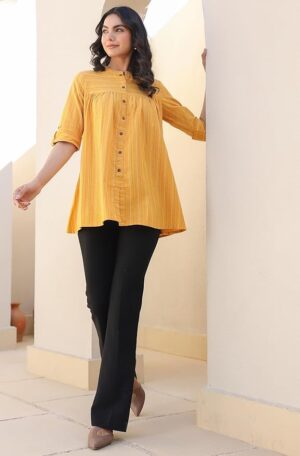 Mustard Cotton Woven Design Gathered Tunic