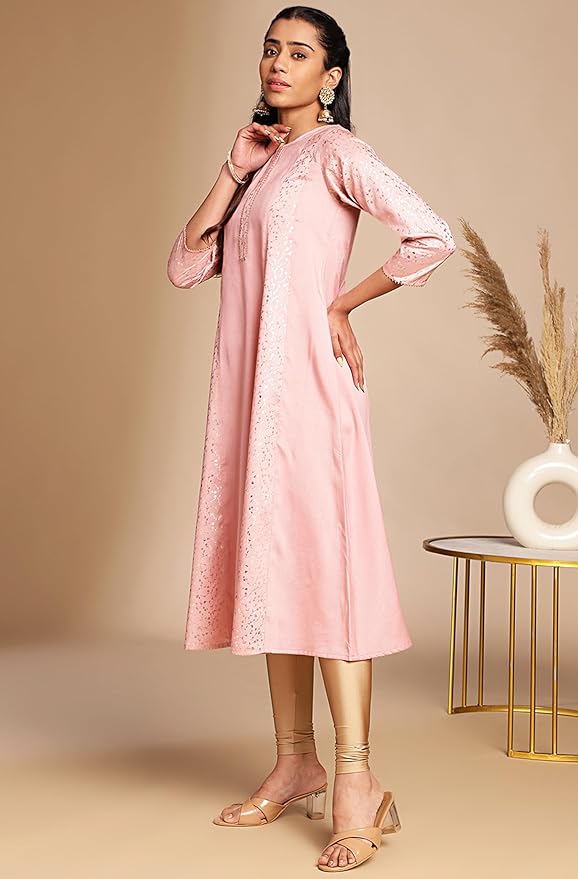 Pink Crepe Silk Foil Print Panelled Kurta - Image 4