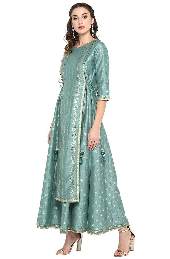 Green Rayon Crepe Foil Print Flared Ethnic Dress - Image 2