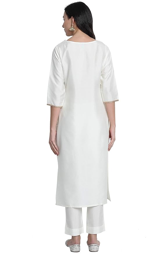 Off-White Poly Silk Solid Kurta with Pant and Dupatta - Image 2