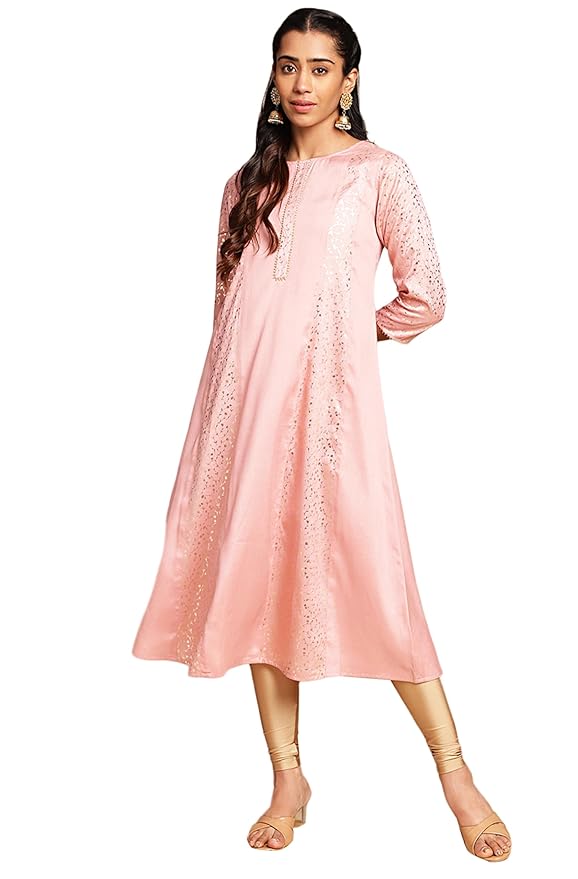 Pink Crepe Silk Foil Print Panelled Kurta