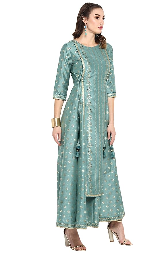 Green Rayon Crepe Foil Print Flared Ethnic Dress - Image 4