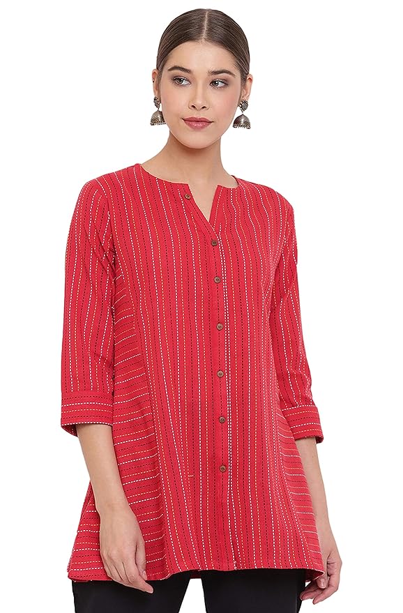 Red Weaved Cotton A-Line Top - Image 5