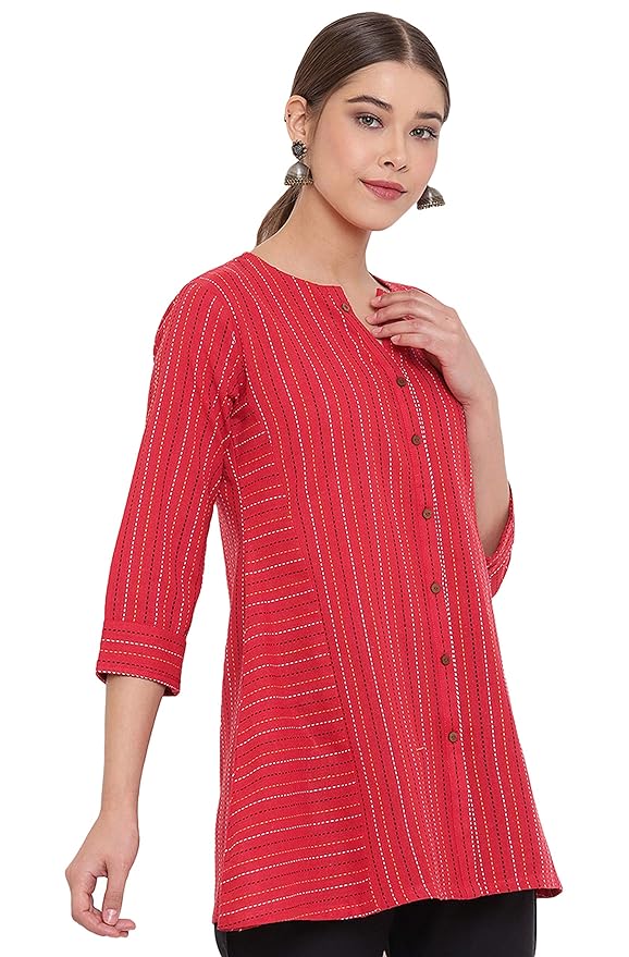 Red Weaved Cotton A-Line Top - Image 2