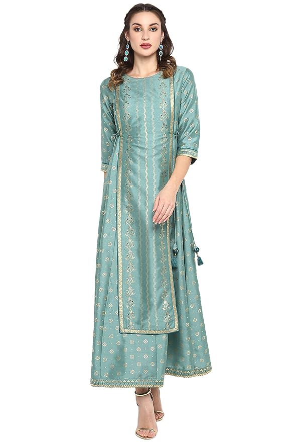 Green Rayon Crepe Foil Print Flared Ethnic Dress - Image 3
