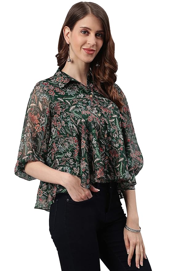 Green Poly Georgette Floral Print Regular Top