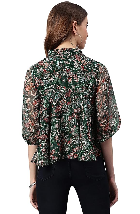 Green Poly Georgette Floral Print Regular Top - Image 3