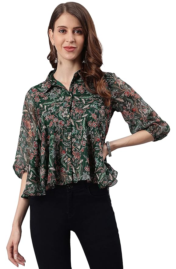 Green Poly Georgette Floral Print Regular Top - Image 4