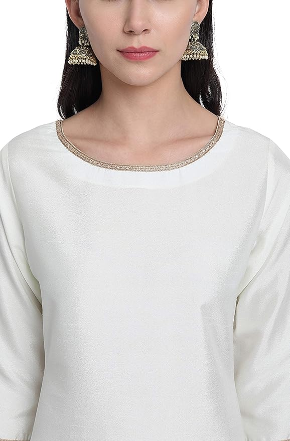 Off-White Poly Silk Solid Kurta with Pant and Dupatta - Image 3