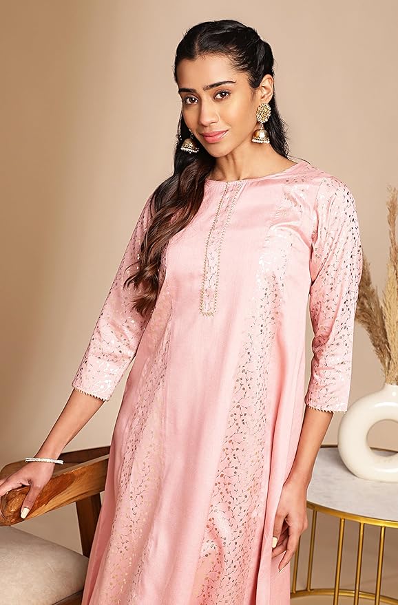 Pink Crepe Silk Foil Print Panelled Kurta - Image 5
