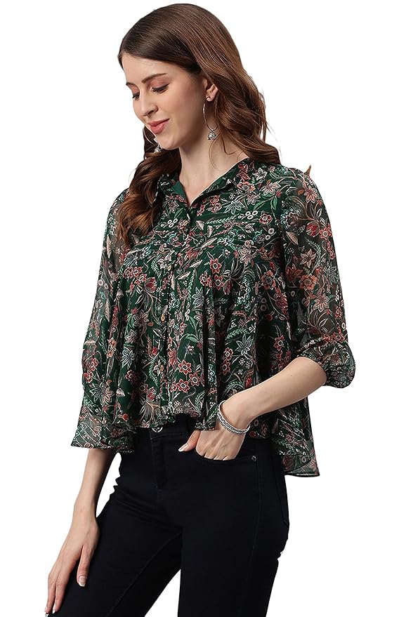 Green Poly Georgette Floral Print Regular Top - Image 2