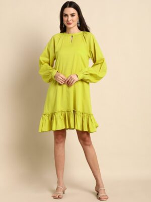Mustard Cotton Solid Drop-Waist Western Dress